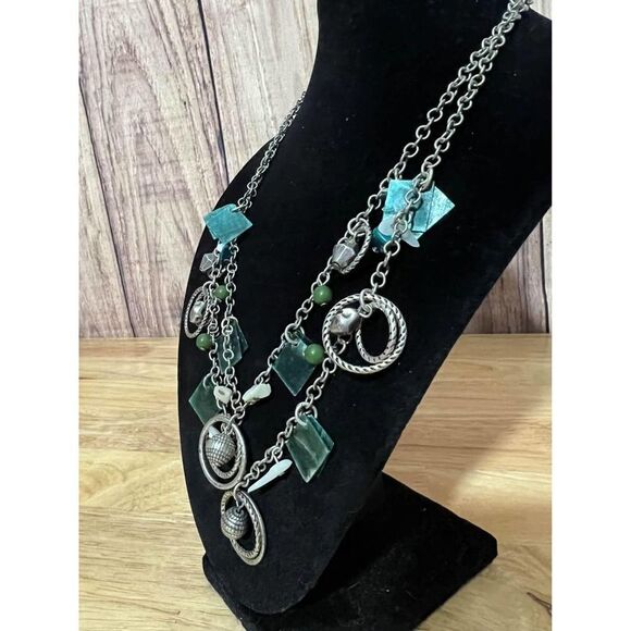 Woman’s Multilayer Teal and Silver Dangles Necklace - Picture 3 of 8